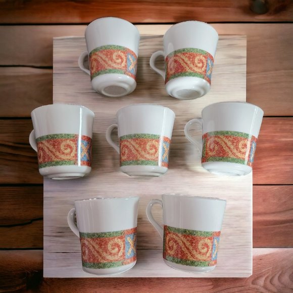 CORELLE Sand Art (7) Ceramic Coffee Cups in Orange and Green Design - Picture 3 of 6